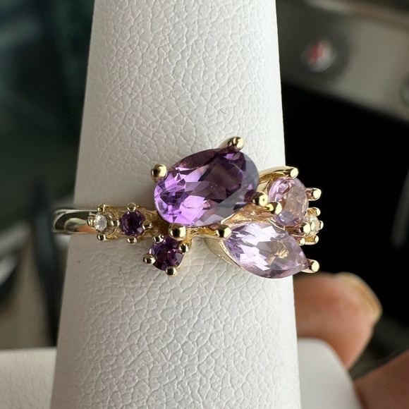 Purple African & Brazilian Amethyst with White Zircon 10k Gold Ring, Size 6 - Picture 5 of 11
